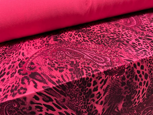 Stretch spandex crepe jersey fabric - paisley & cheetah animal print - pink