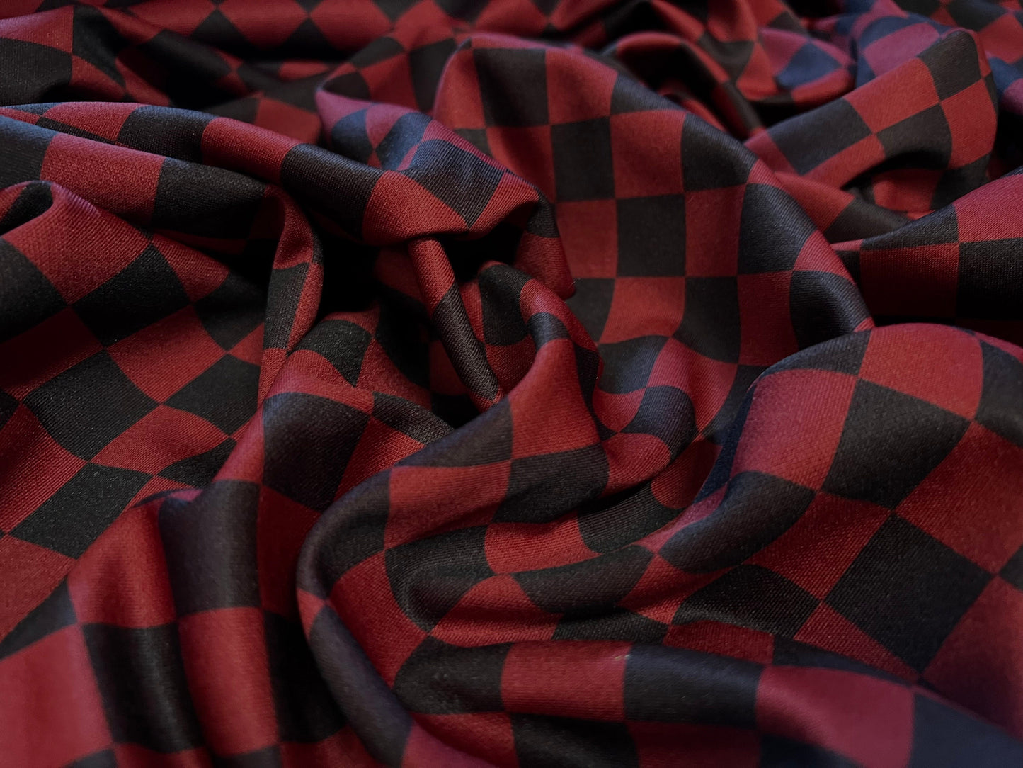 Marcella Scuba spandex Jersey Stretch Fabric, Per Metre - chef check print - tile red & black