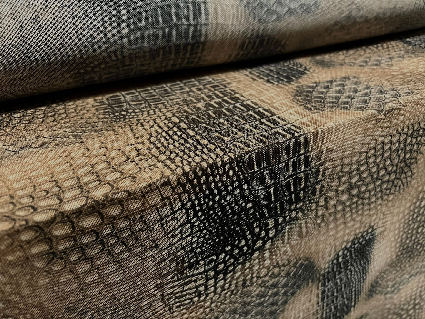 Power mesh net stretch spandex fabric, per metre - distressed crocodile print