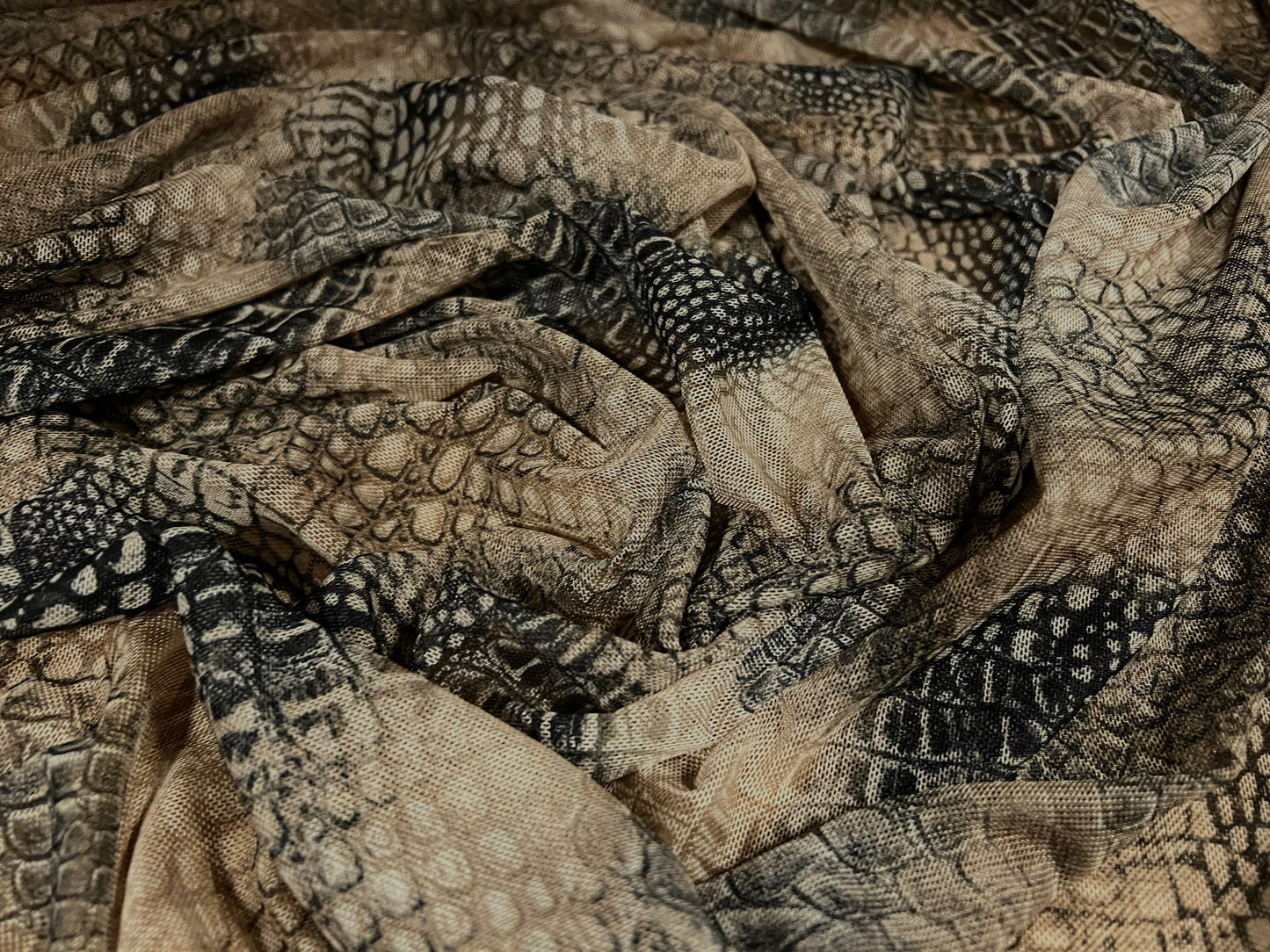 Power mesh net stretch spandex fabric, per metre - distressed crocodile print