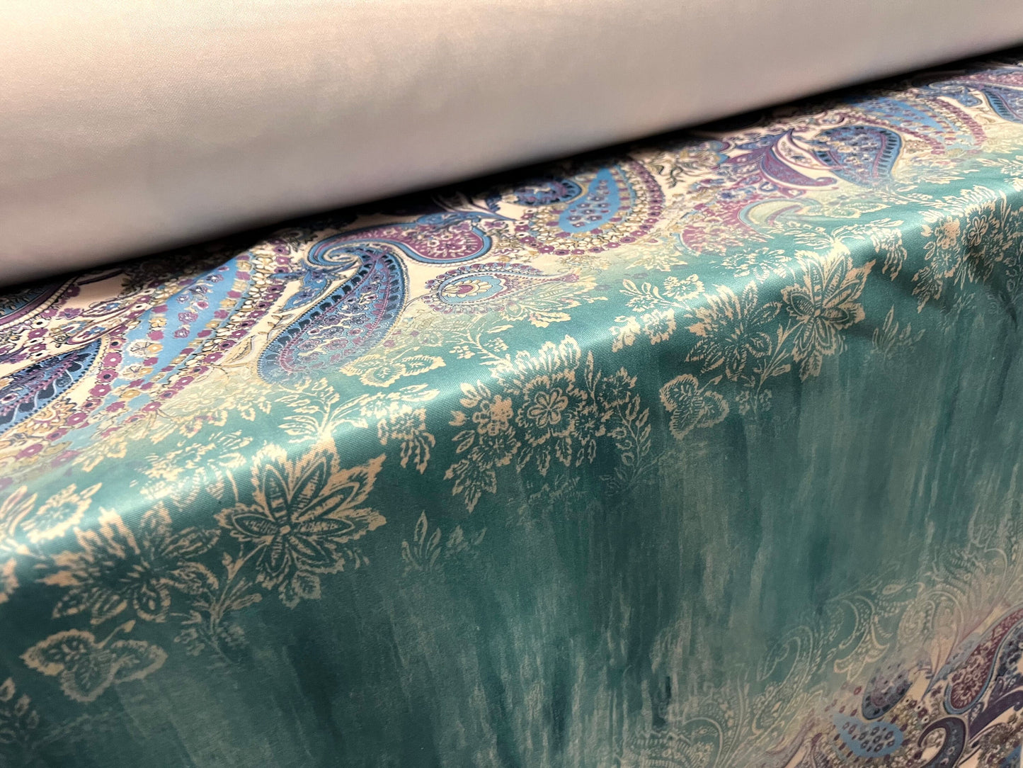 Scuba neoprene style stretch spandex double jersey fabric, per metre - paisley stripe print - turquoise & lilac