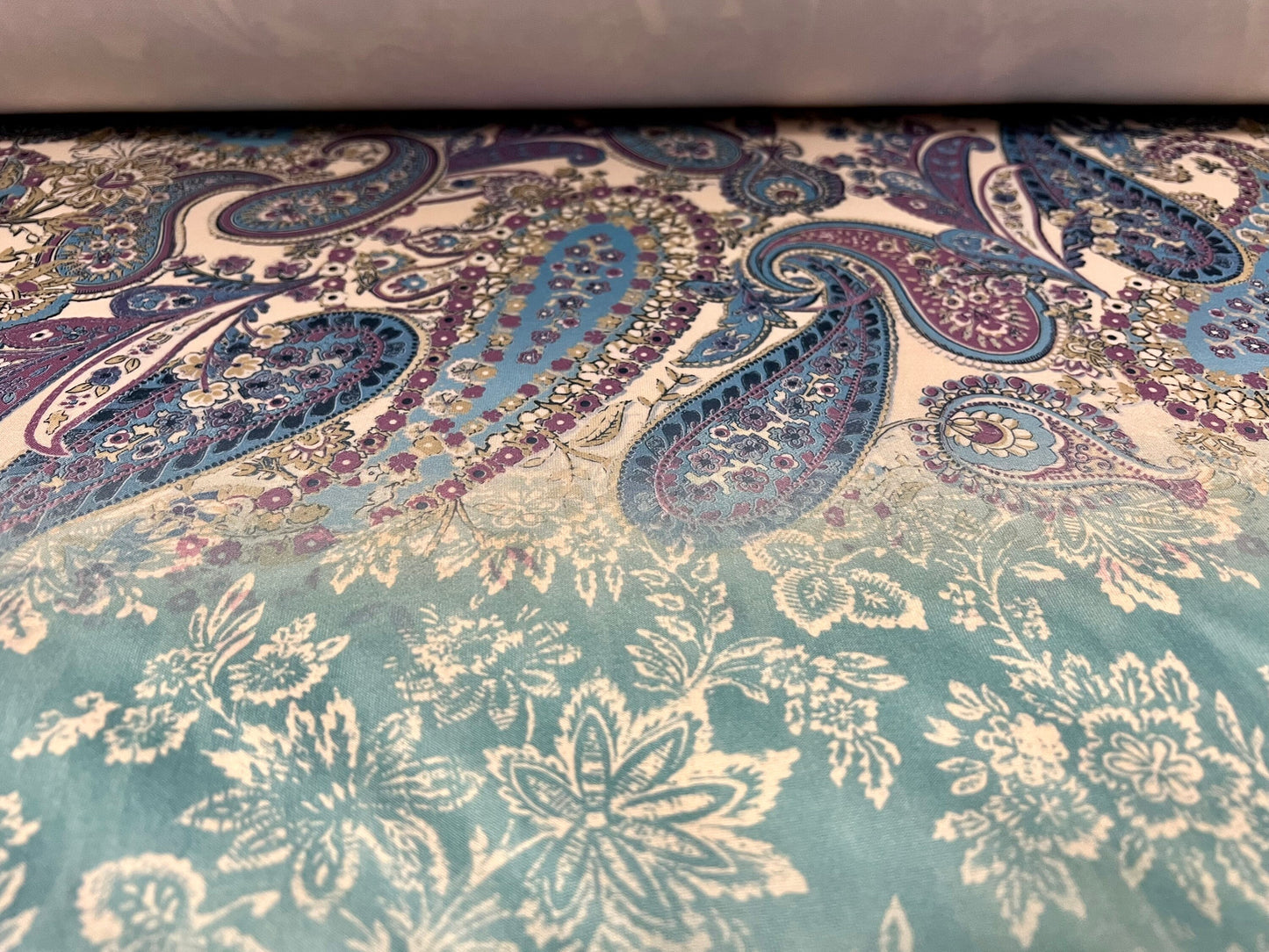Scuba neoprene style stretch spandex double jersey fabric, per metre - paisley stripe print - turquoise & lilac