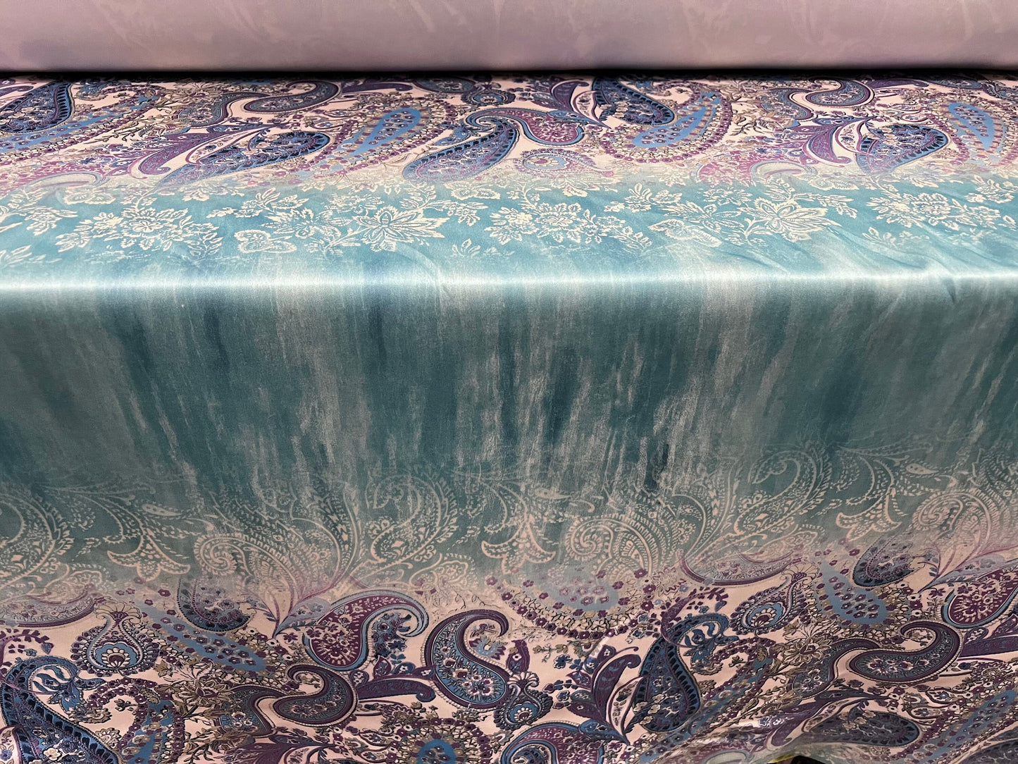 Scuba neoprene style stretch spandex double jersey fabric, per metre - paisley stripe print - turquoise & lilac