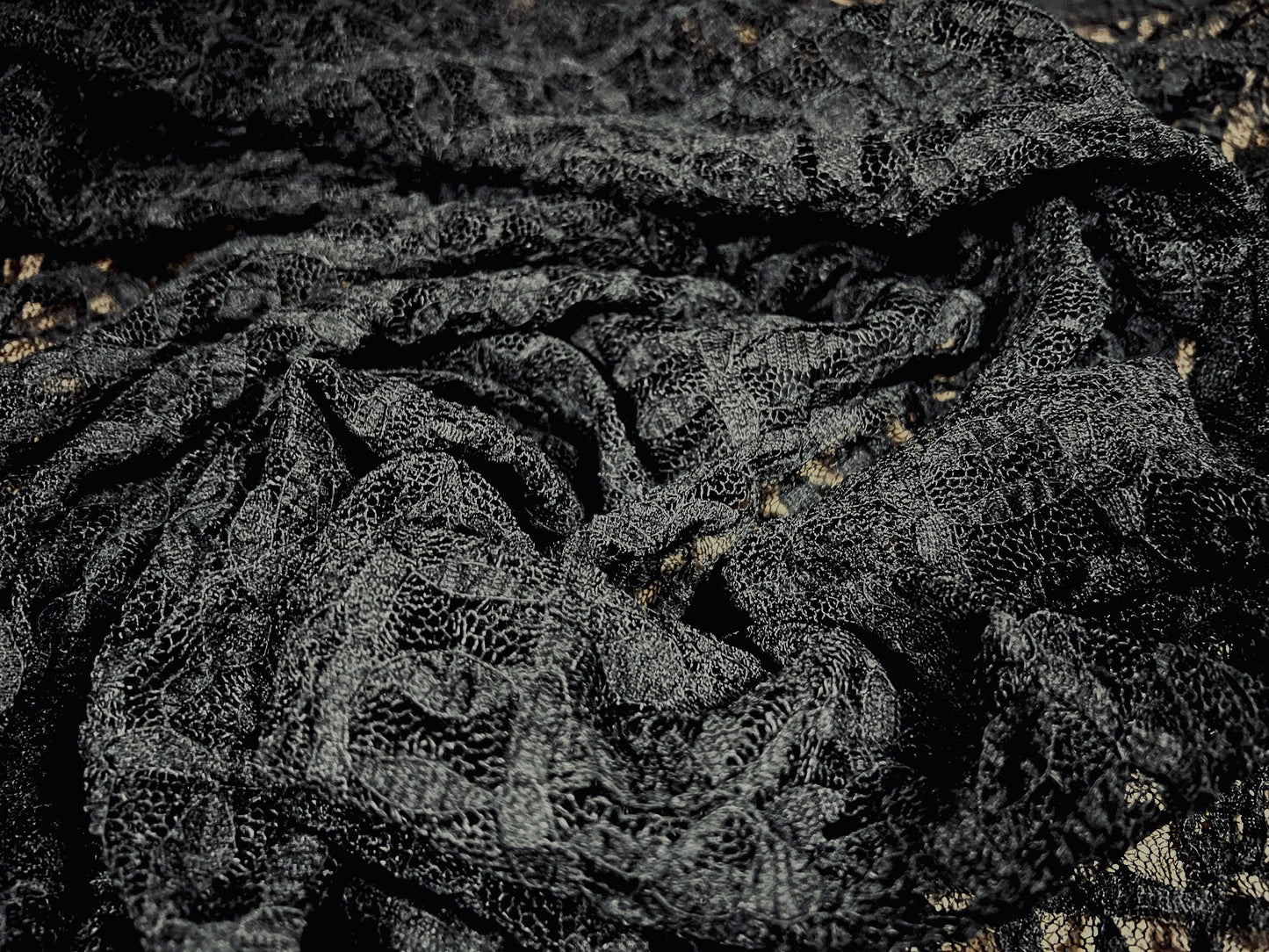 Floral blister 4 way stretch lace  fabric, per metre - black