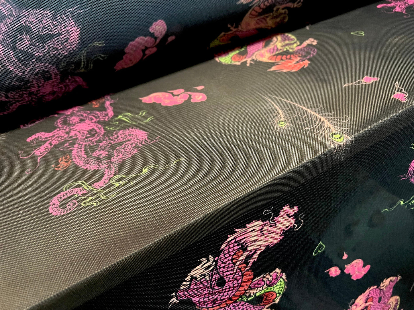 Power mesh net stretch spandex fabric, per metre - oriental dragons print - black & pink