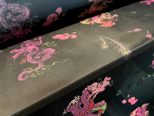 Power mesh net stretch spandex fabric, per metre - oriental dragons print - black & pink