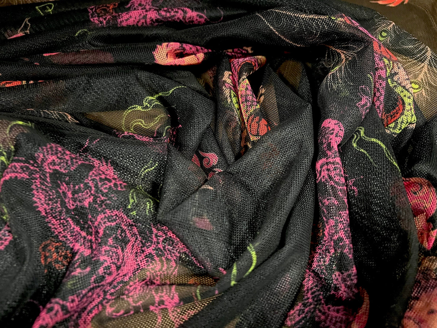 Power mesh net stretch spandex fabric, per metre - oriental dragons print - black & pink