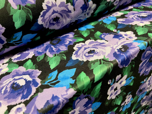 Valentino crepe spandex jersey fabric - similar to scuba - per metre - flower print - purple & black