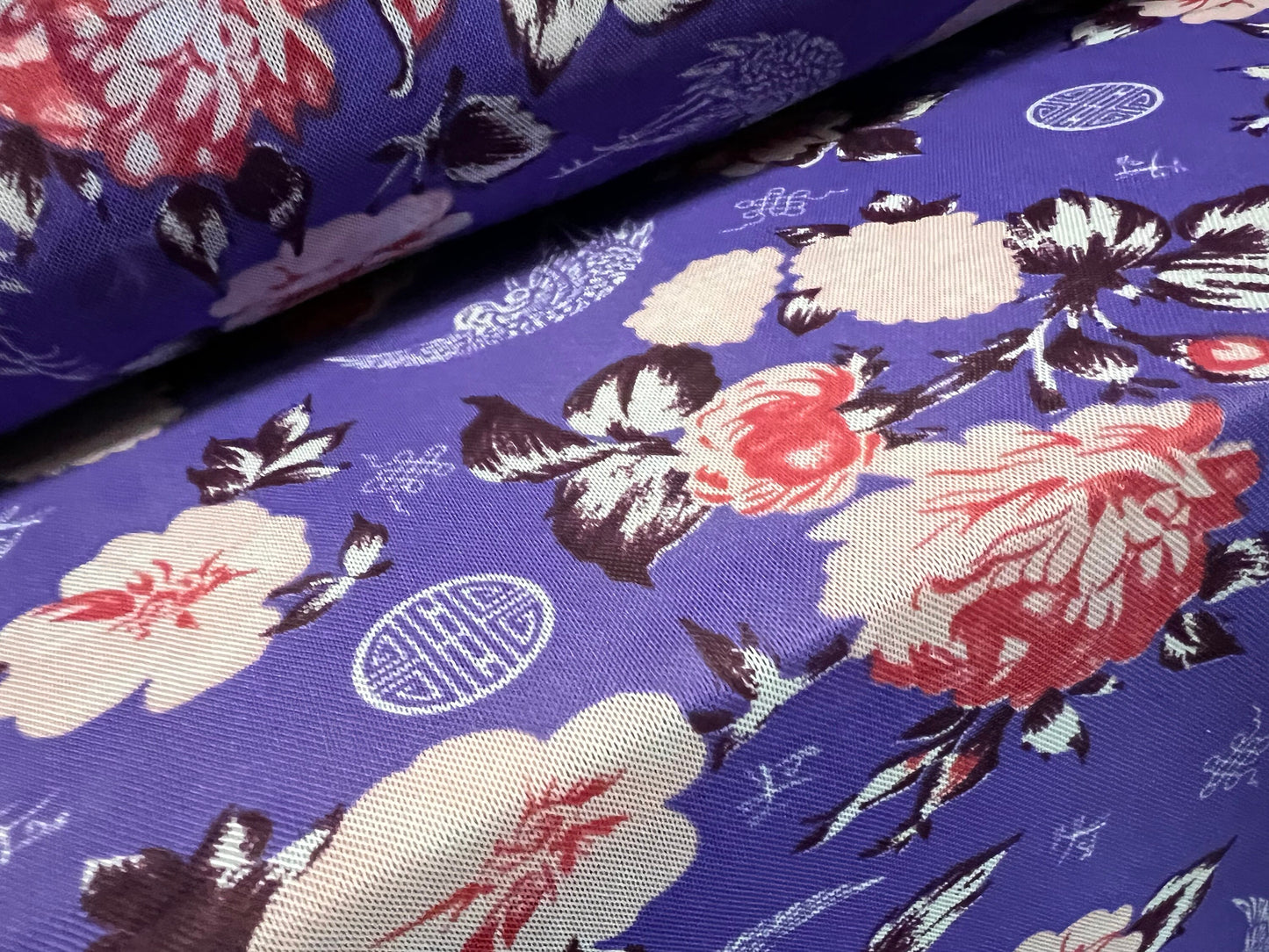 Power mesh net stretch spandex  fabric, per metre - flower labyrinth maze print - purple