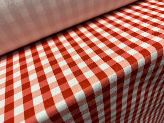 Scuba crepe fabric stretch spandex jersey, per metre - Gingham check print - red & white