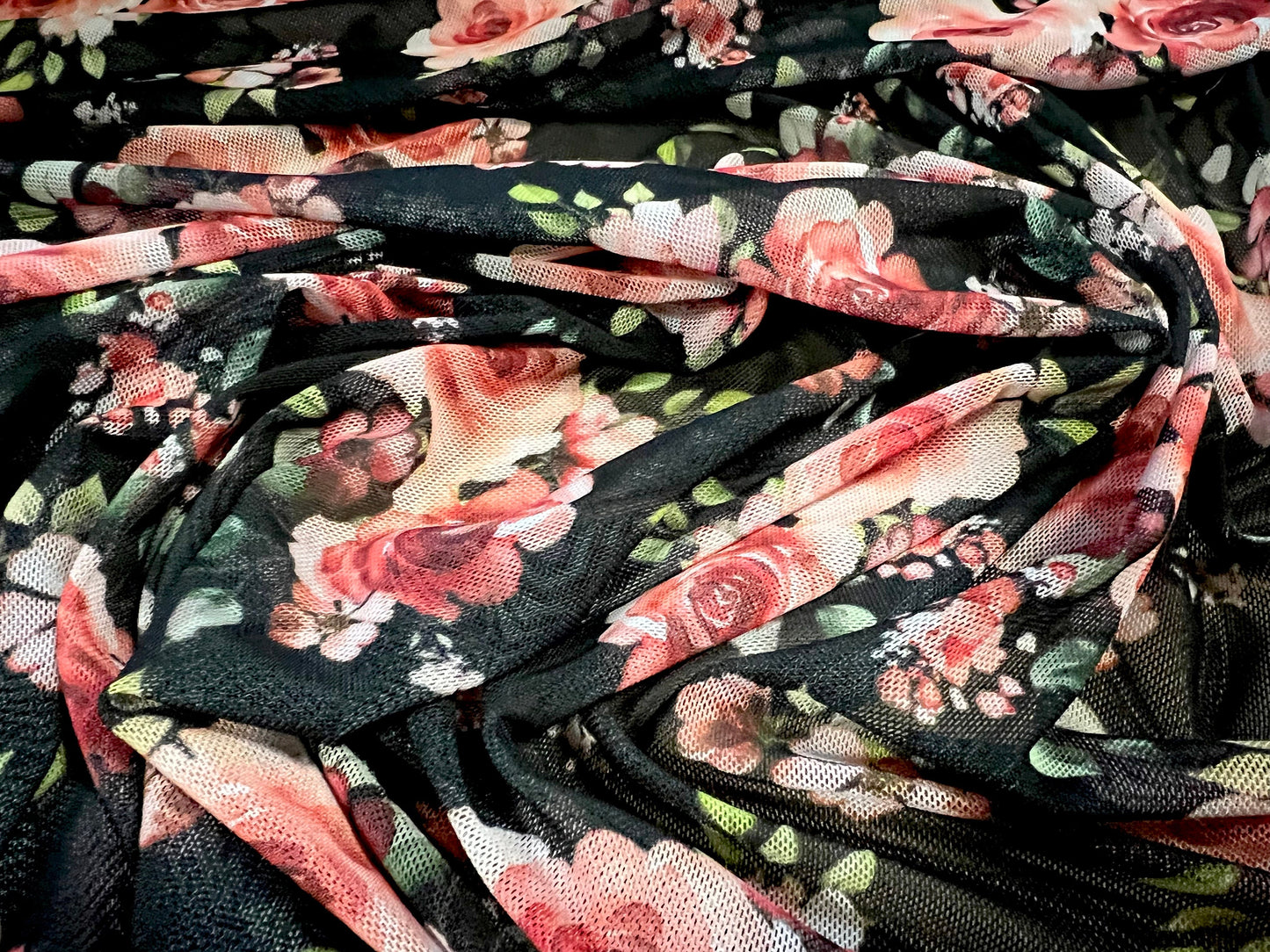 Power mesh net stretch fabric, per metre - rose flower print - black & pink