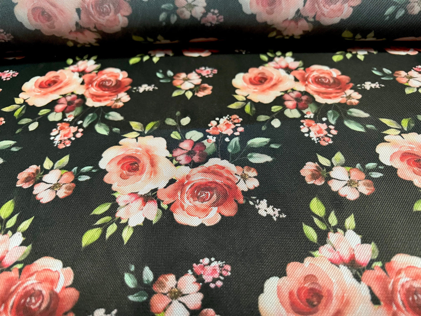 Power mesh net stretch fabric, per metre - rose flower print - black & pink