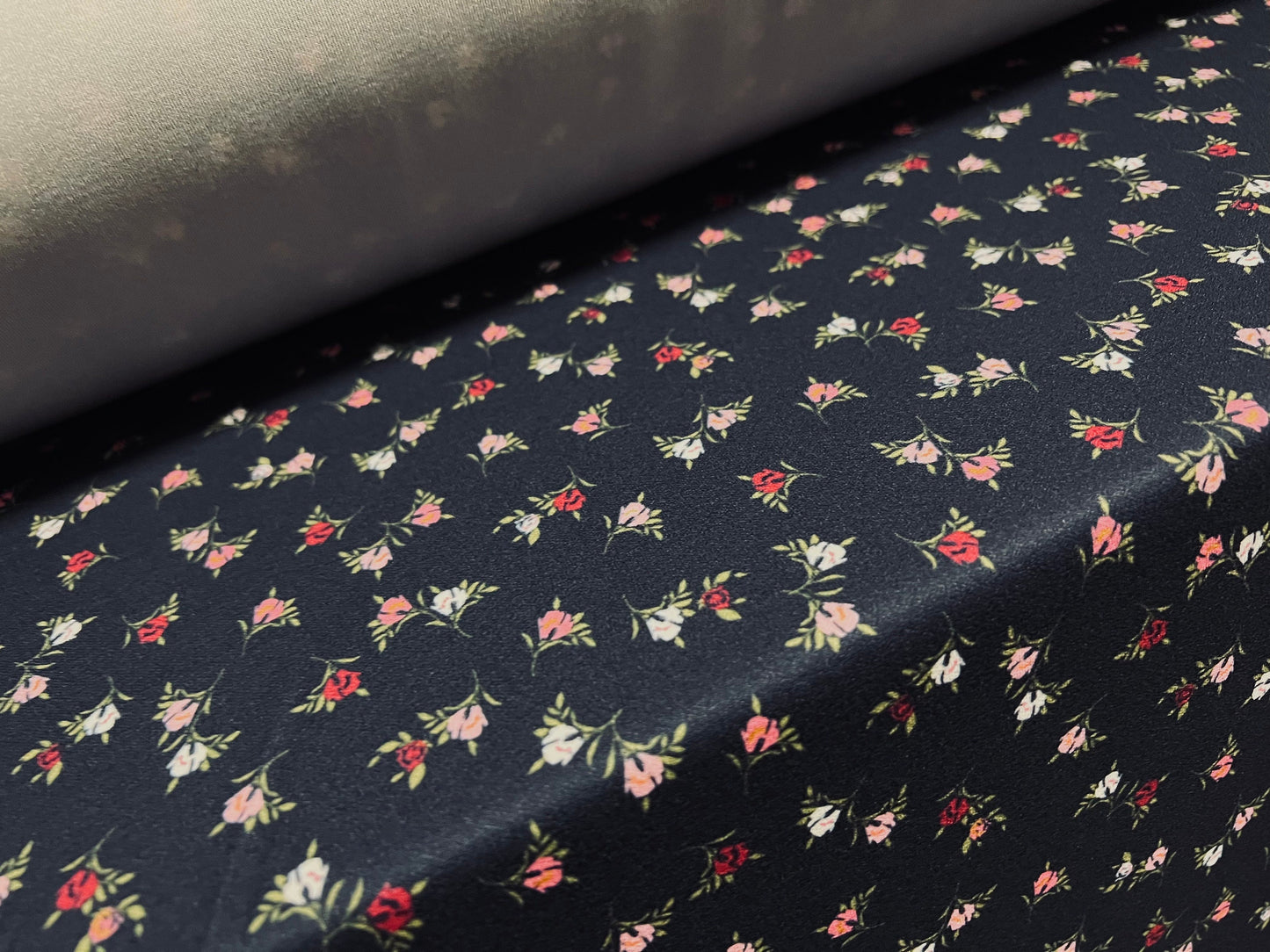 Scuba crepe  stretch spandex jersey dress fabric, per metre - ditsy flower bud print - navy blue & pink