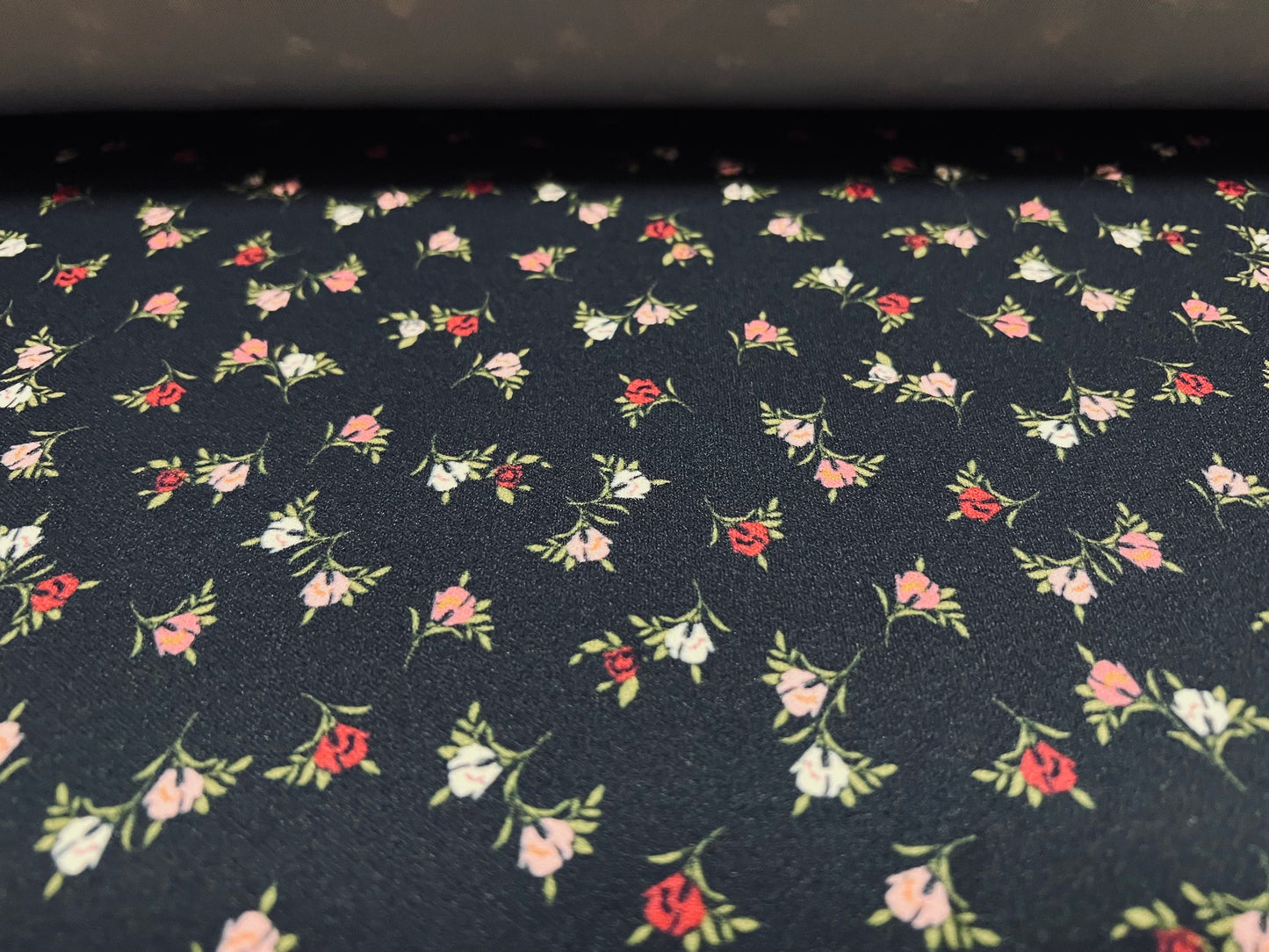 Scuba crepe  stretch spandex jersey dress fabric, per metre - ditsy flower bud print - navy blue & pink