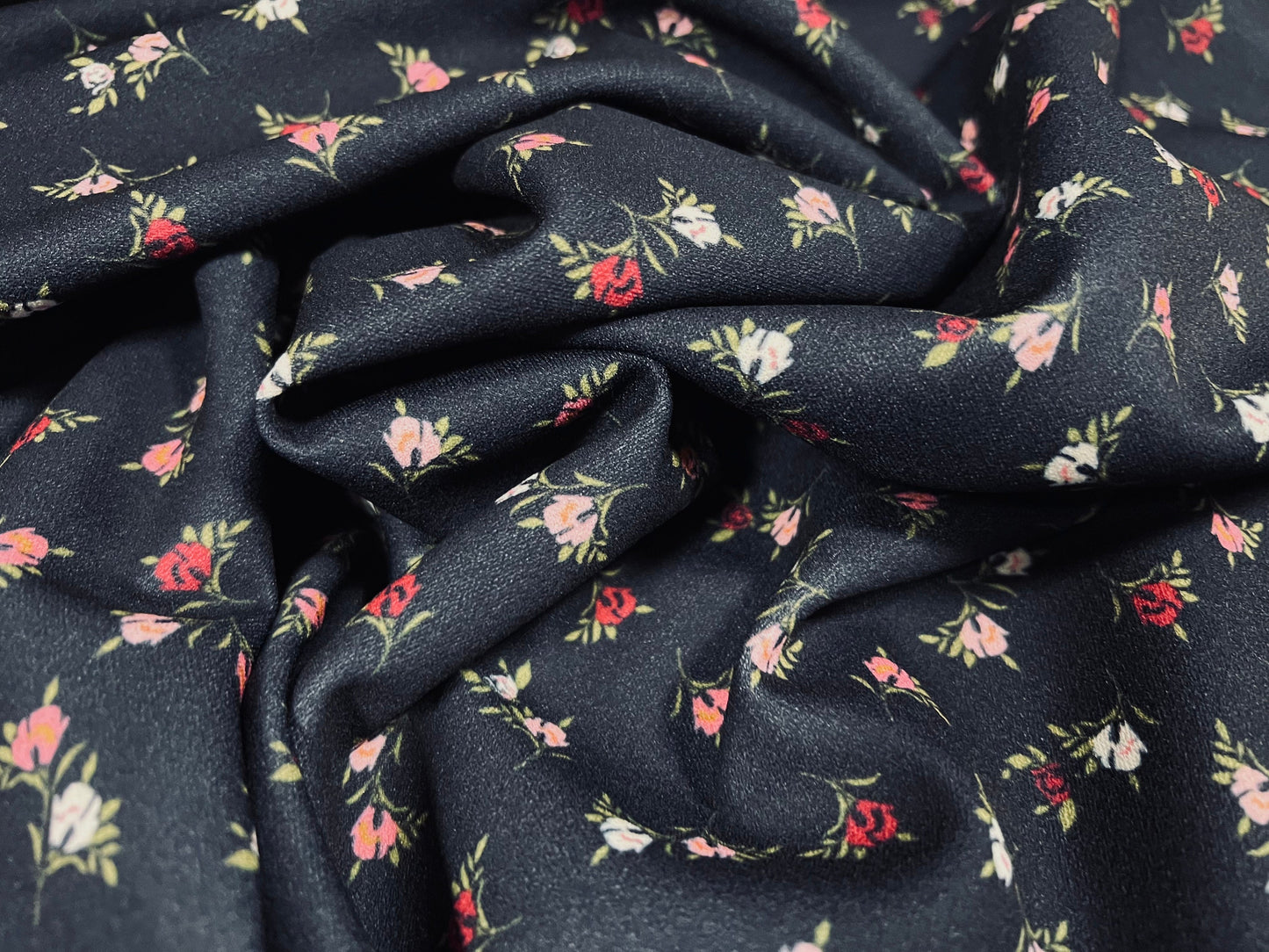 Scuba crepe  stretch spandex jersey dress fabric, per metre - ditsy flower bud print - navy blue & pink