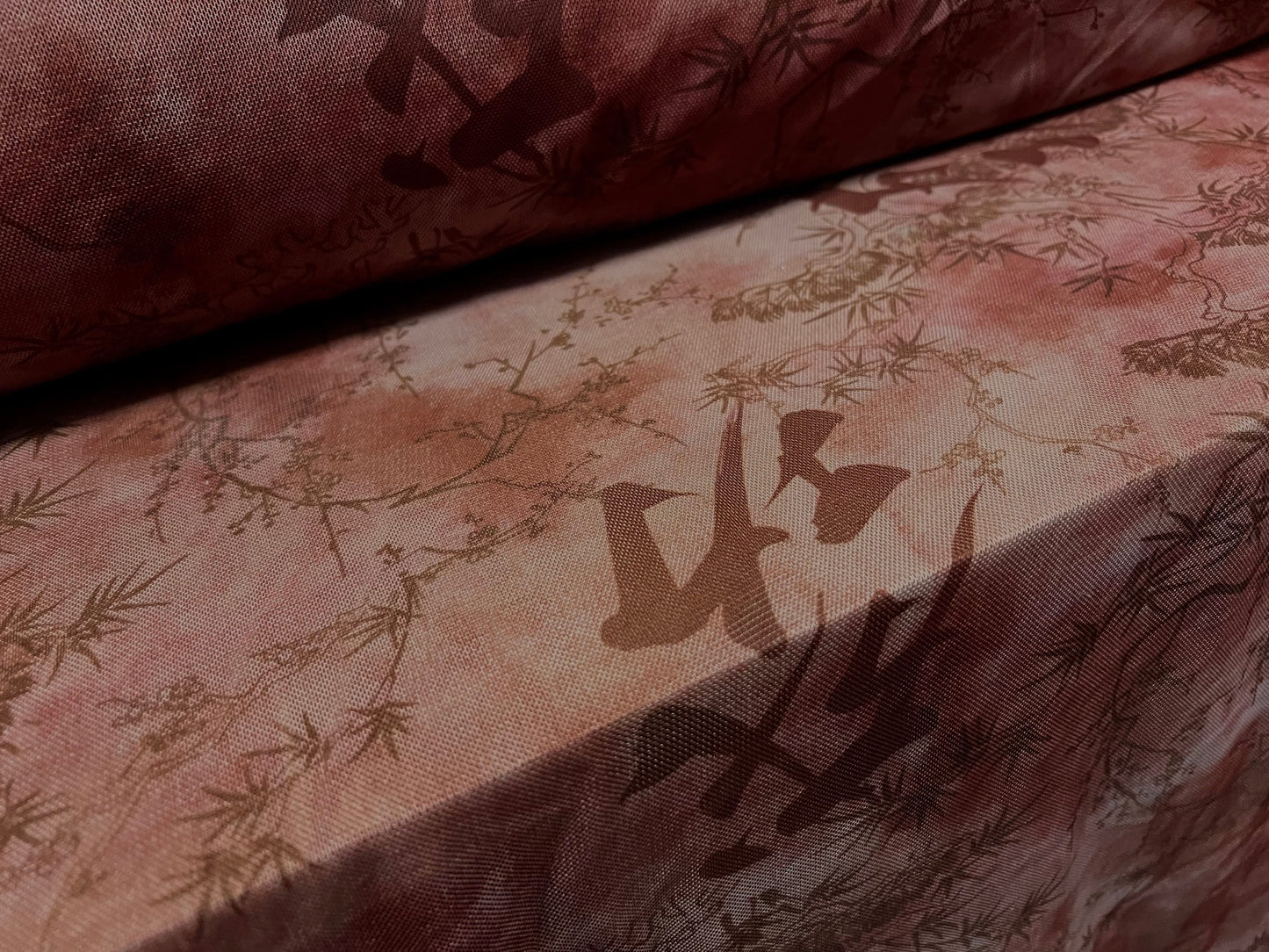 Power mesh net sheer stretch fabric, per metre - japanese bonsai tree and symbols print - dusky pink & maroon