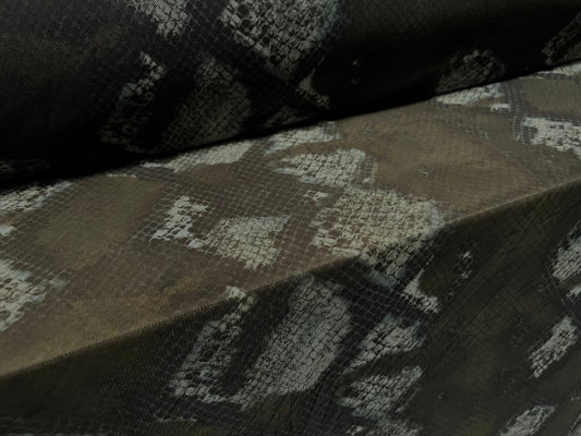 Power mesh net sheer stretch fabric, per metre - jumbo snakeskin print - dark green