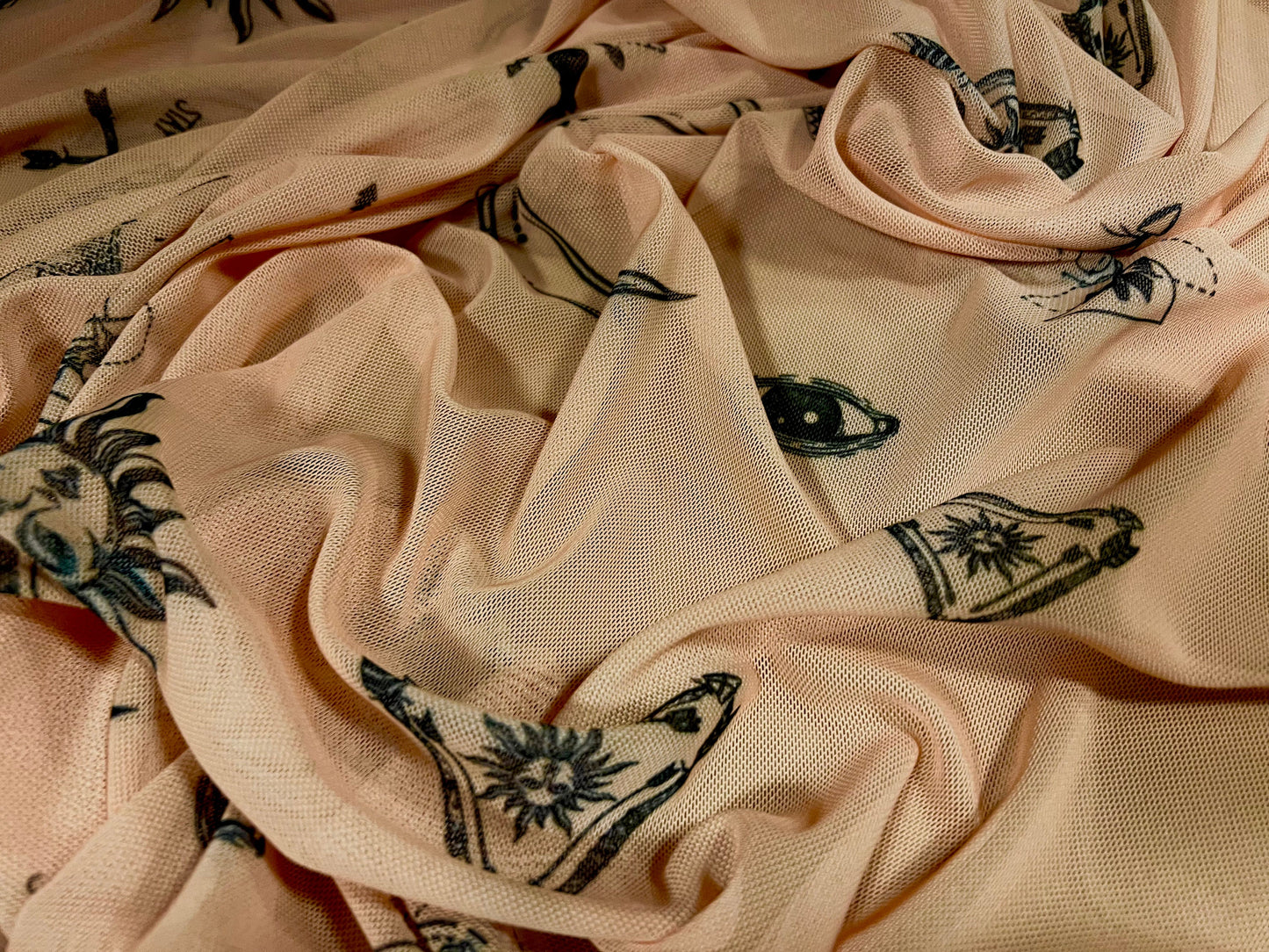 Power mesh net sheer stretch fabric, per metre - all seeing eye of providence print - peach