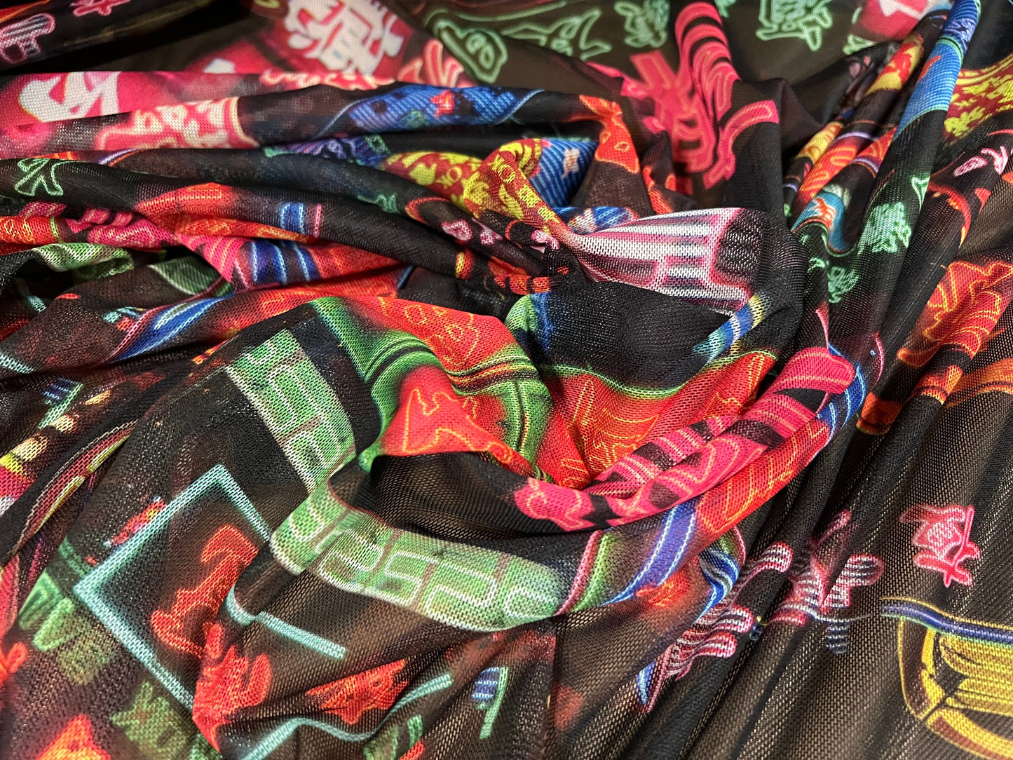 Power mesh net sheer stretch spandex fabric, per metre - Chinatown neon city lights print