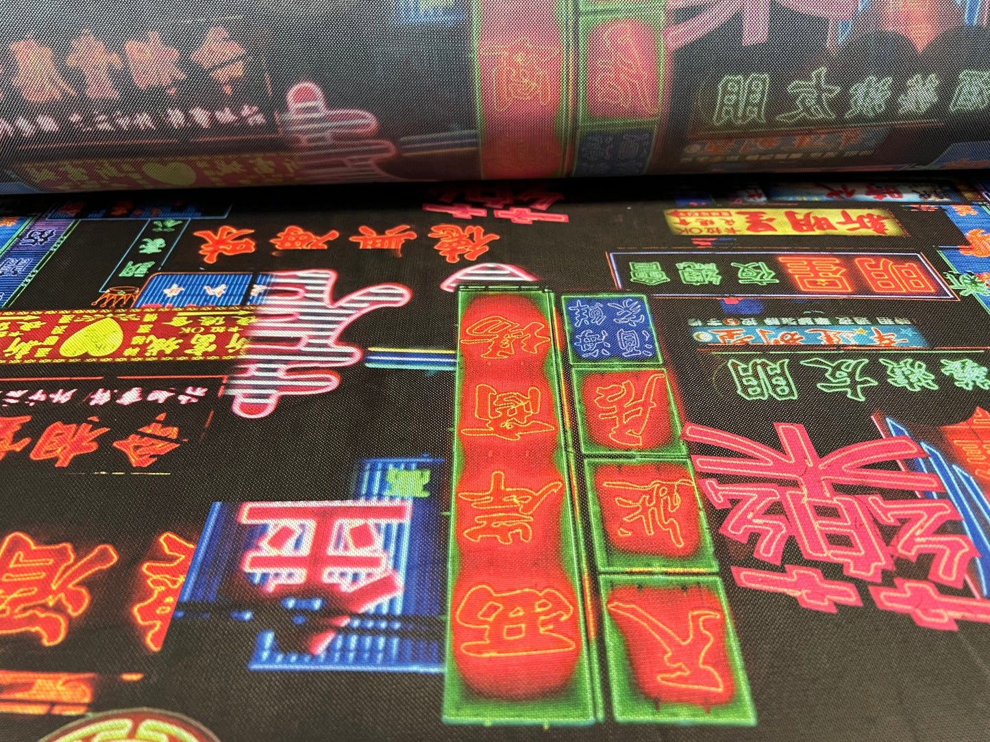Power mesh net sheer stretch spandex fabric, per metre - Chinatown neon city lights print
