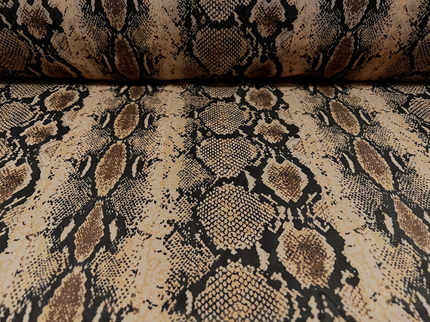 Power mesh net sheer stretch fabric, per metre - snakeskin print - black & bronze