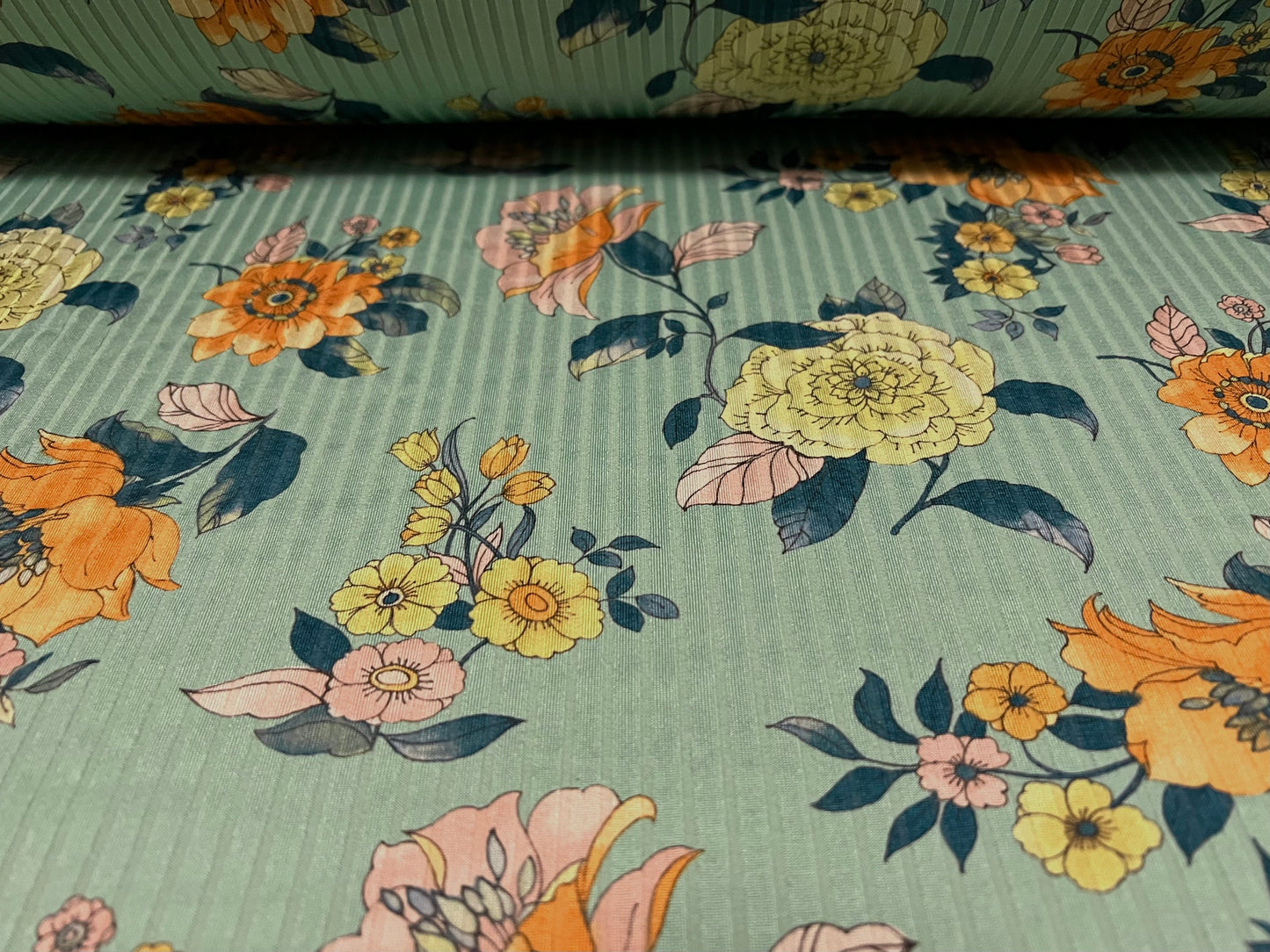 Spandex stretch rib jersey fabric, per metre - flower floral print -  mint green