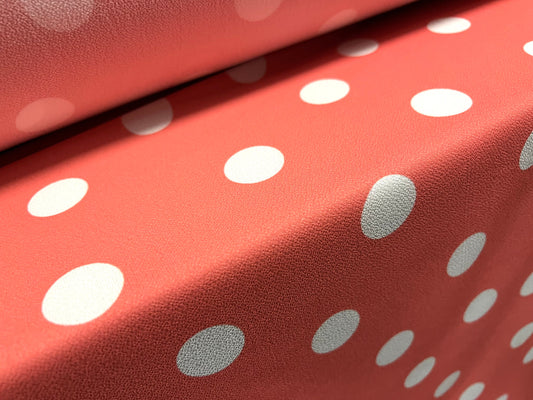 Pebble crepe woven dress fabric, per metre - polka dot spot print - coral & white