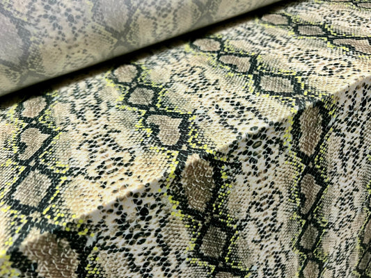 Soft touch stretch spandex jersey fabric, per metre - Snakeskin print - khaki & yellow