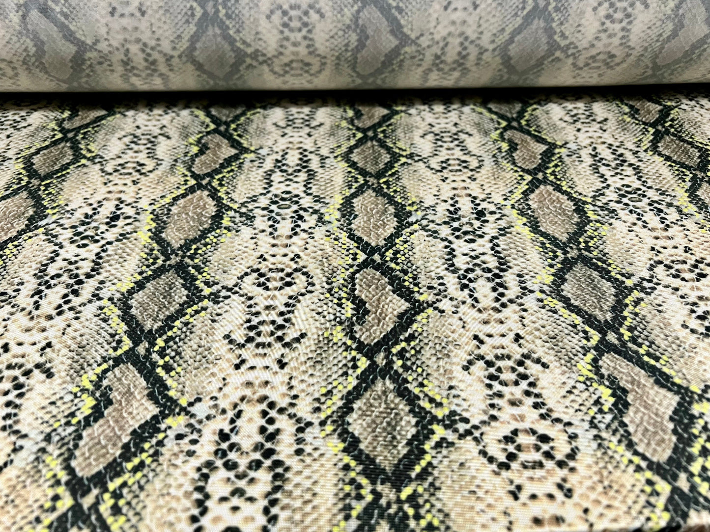 Soft touch stretch spandex jersey fabric, per metre - Snakeskin print - khaki & yellow