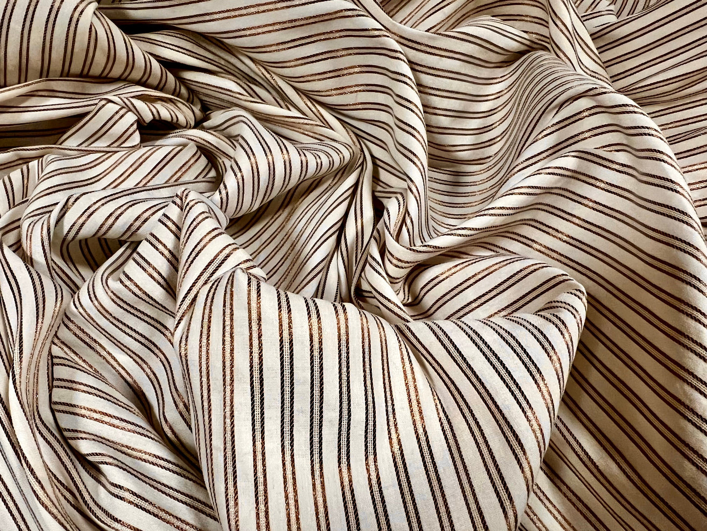 Stretch spandex woven dress fabric with metallic pinstripe, per metre - cream & gold