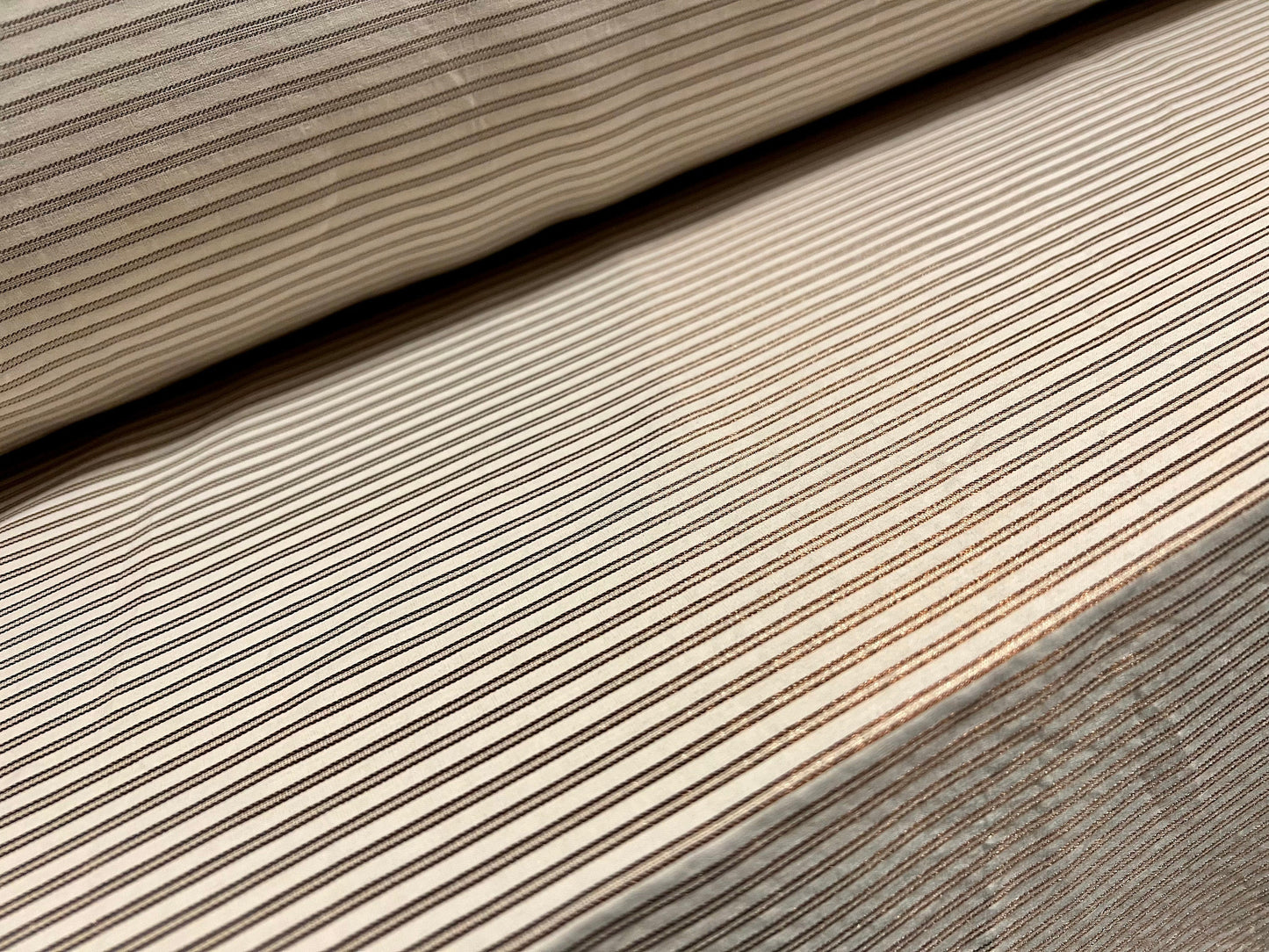 Stretch spandex woven dress fabric with metallic pinstripe, per metre - cream & gold