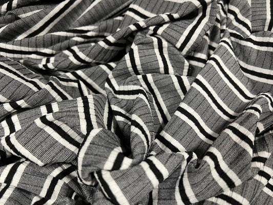 Spandex stretch rib jersey fabric, per metre - stripe - grey & black