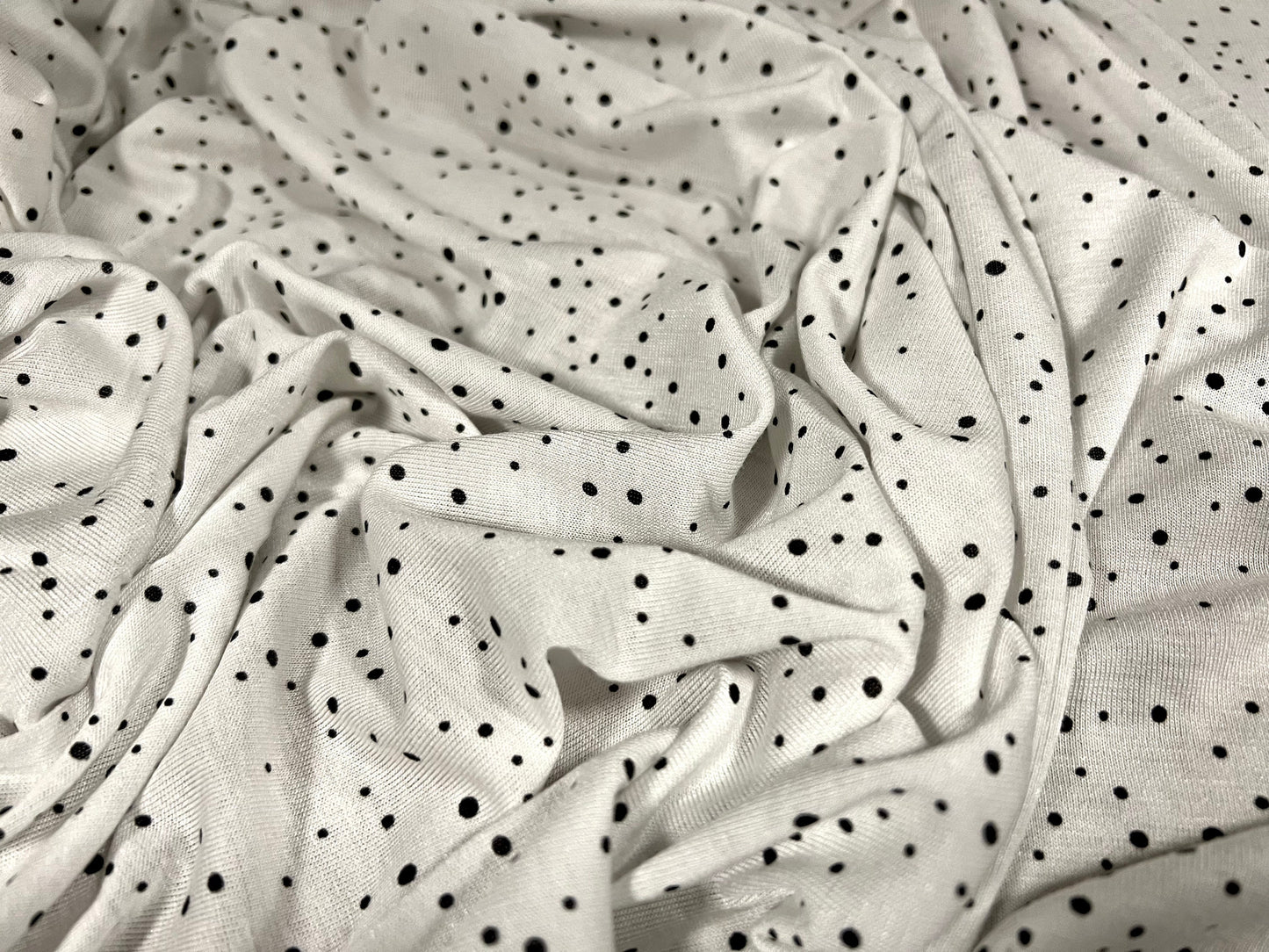 Viscose Spandex stretch single jersey fabric, per metre - white with black spots print