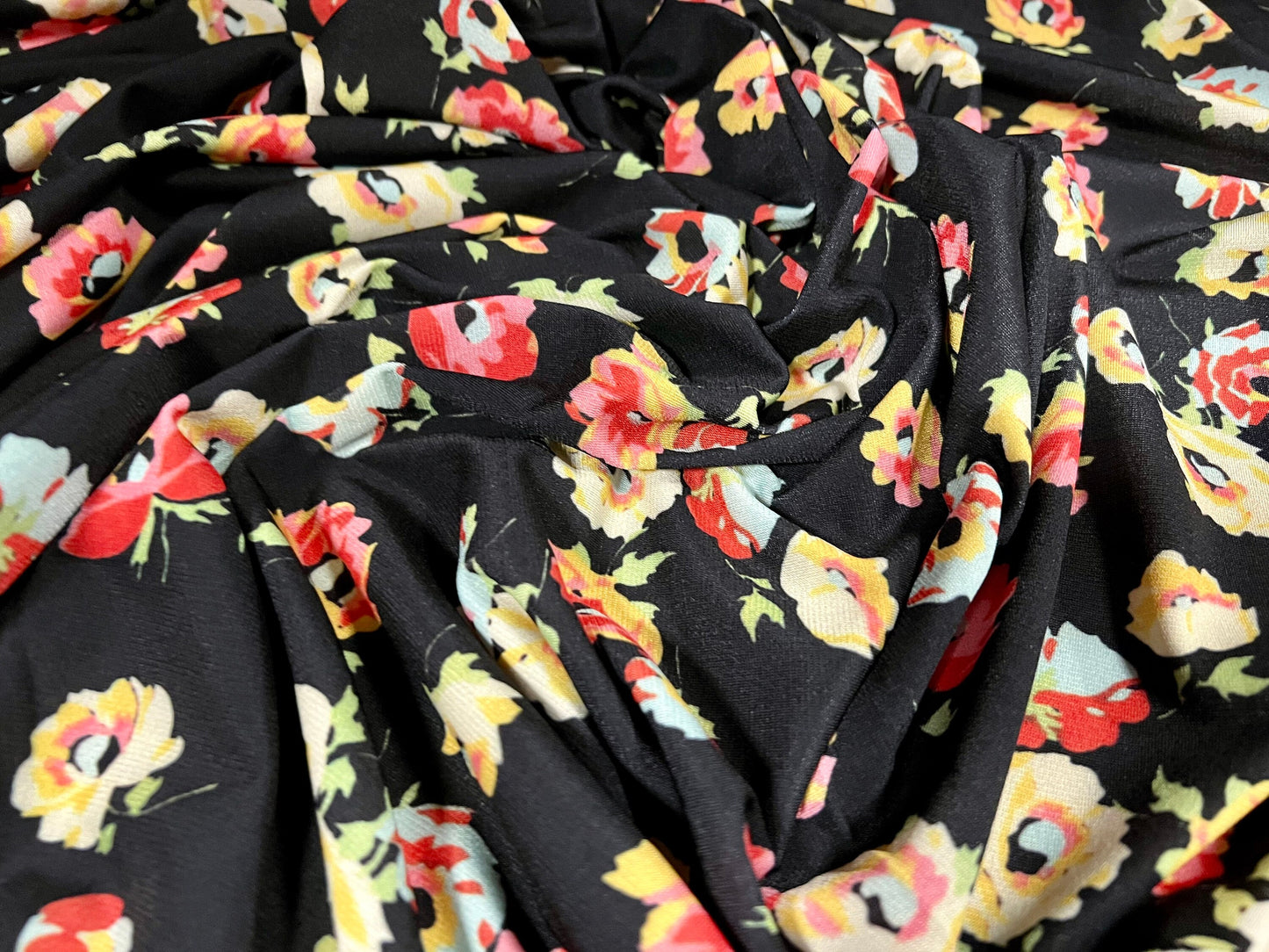 Stretch Spandex single jersey crepe fabric - flower print - black yellow pink