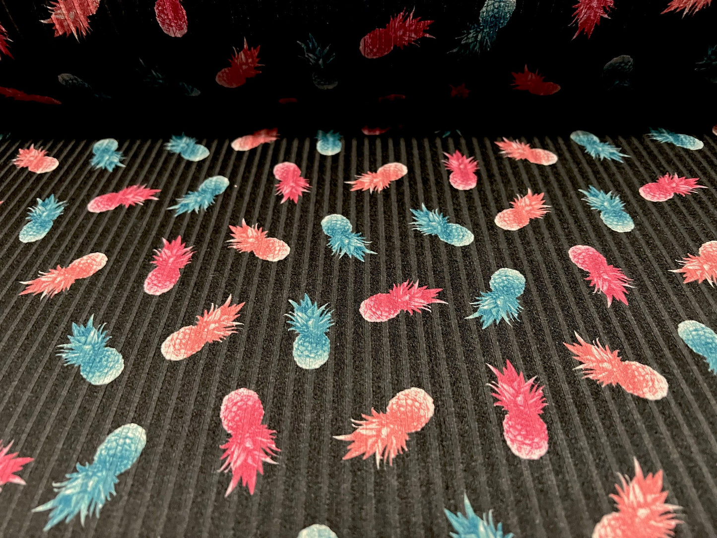 Recycled Spandex rib stretch jersey fabric, per metre - pineapple fruit print - black turquoise & pink