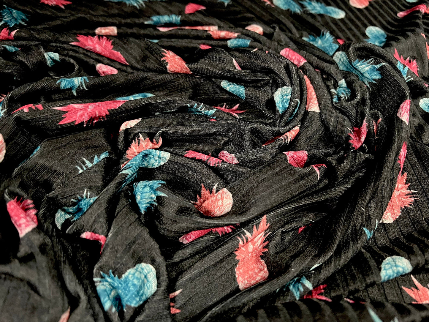 Recycled Spandex rib stretch jersey fabric, per metre - pineapple fruit print - black turquoise & pink