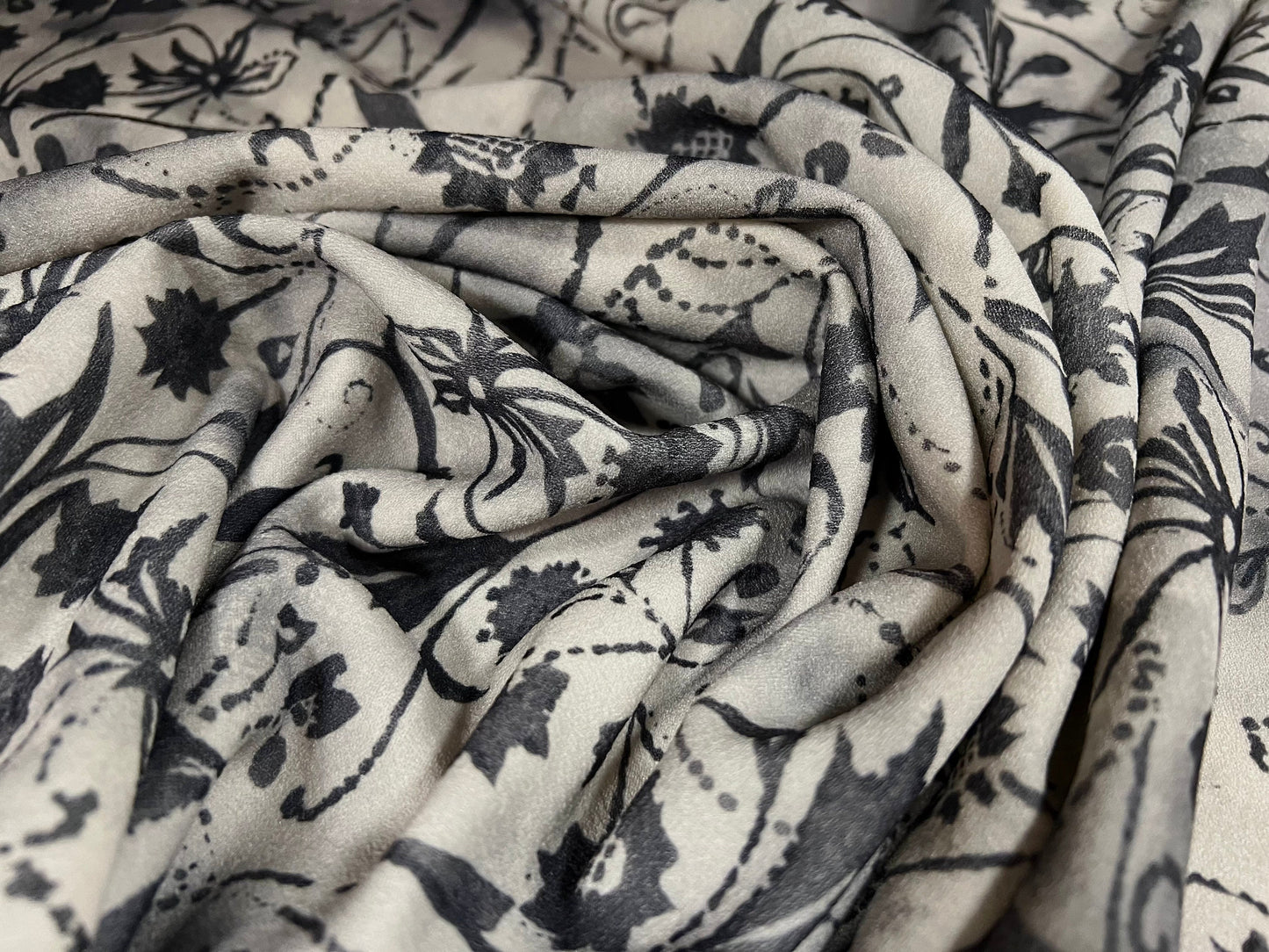 Scuba crepe fabric stretch spandex jersey, per metre - flower print - grey on grey