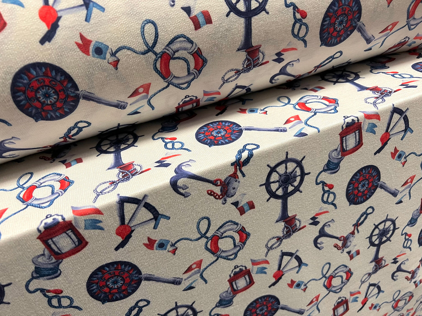 Soft handle loopback stretch spandex jersey fabric, per metre - nautical anchor tattoo print