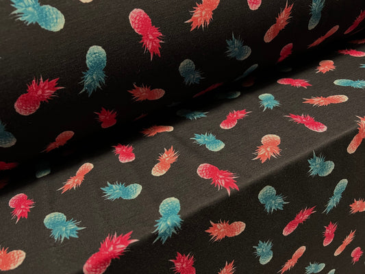 Soft handle single jersey fabric, per metre - pineapple fruit print - black turquoise & pink