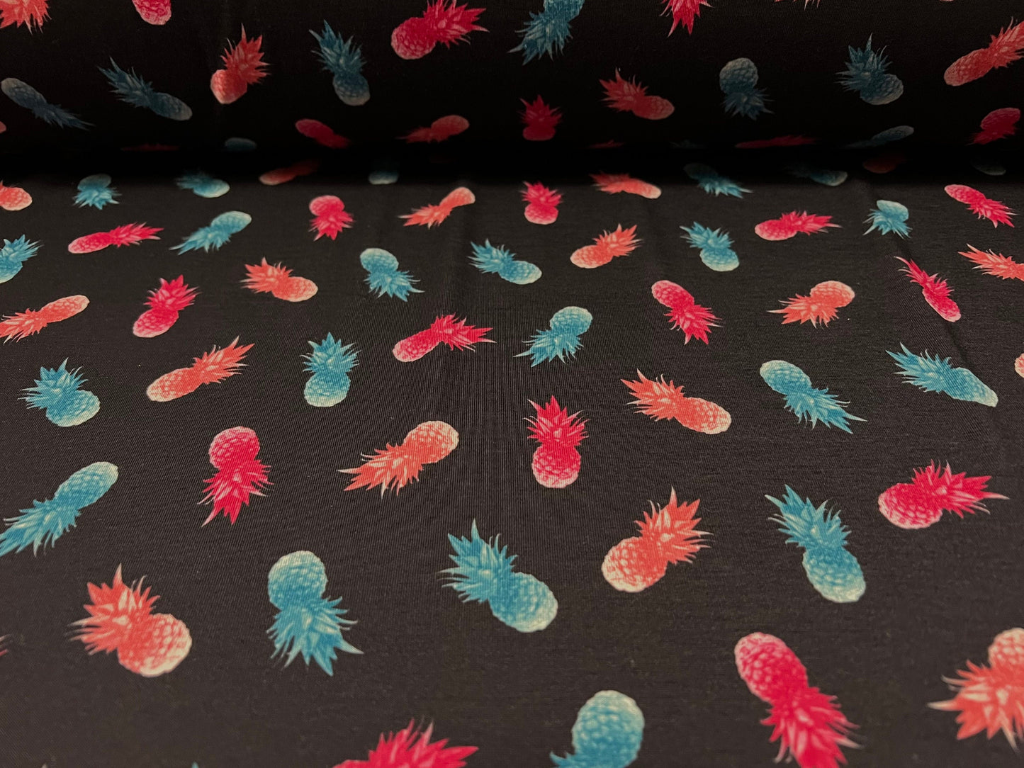 Soft handle single jersey fabric, per metre - pineapple fruit print - black turquoise & pink