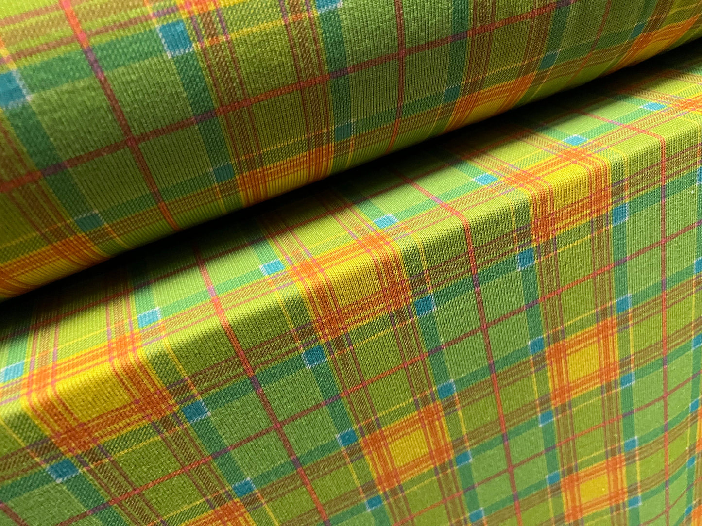 Soft single jersey fabric, per metre - tartan check print - green & Orange