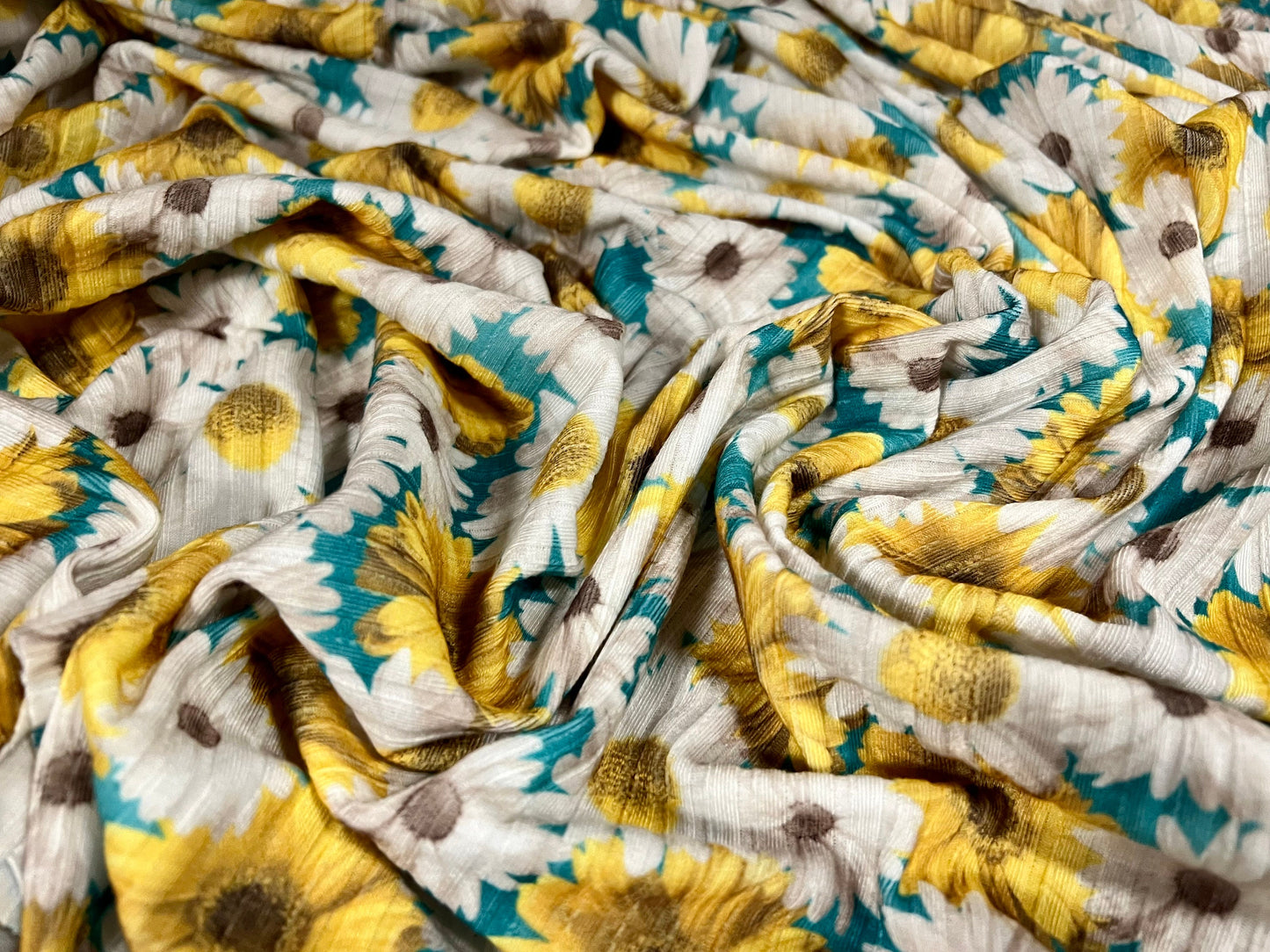 Spandex stretch rib jersey fabric, per metre - Gerbera daisy flower print - turquoise yellow & white