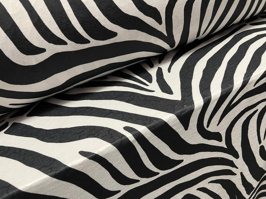 Bonded textured jersey fabric with satin jacquard back, per metre - zebra print - black & white