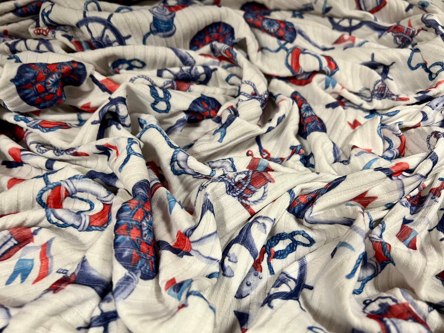 Spandex stretch rib jersey fabric, per metre - nautical anchor tattoo print