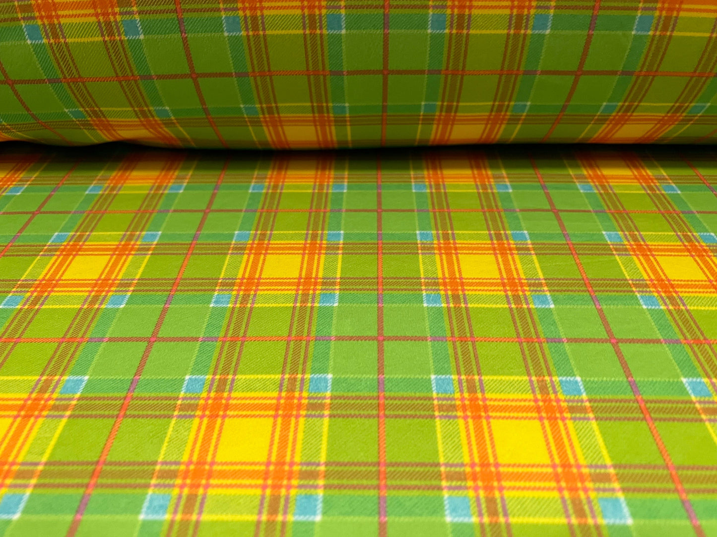 Double jersey stretch spandex fabric, per metre - tartan check print - green & orange