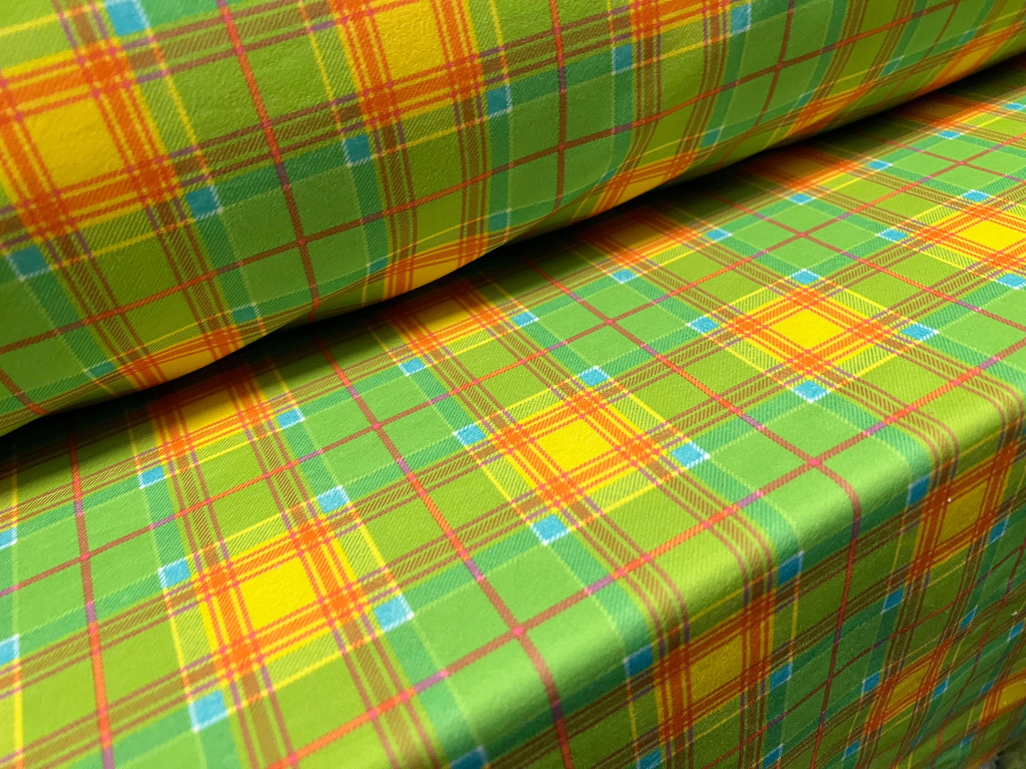 Double jersey stretch spandex fabric, per metre - tartan check print - green & orange