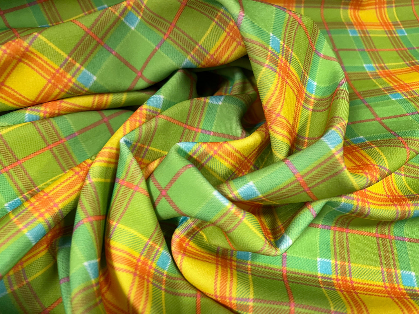 Double jersey stretch spandex fabric, per metre - tartan check print - green & orange