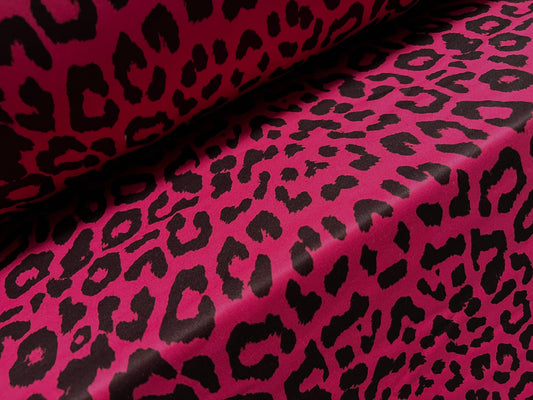 Scuba neoprene style stretch spandex double jersey fabric, per metre - cheetah animal print - fuschia & black