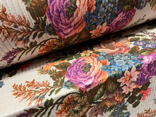 Spandex rib stretch jersey fabric, per metre - cross stitch rose bouquet print