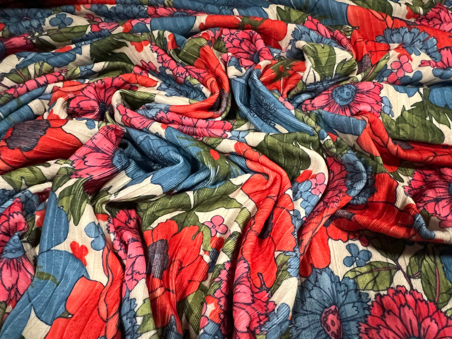 Spandex rib stretch jersey fabric, per metre - flower print - cream red & blue